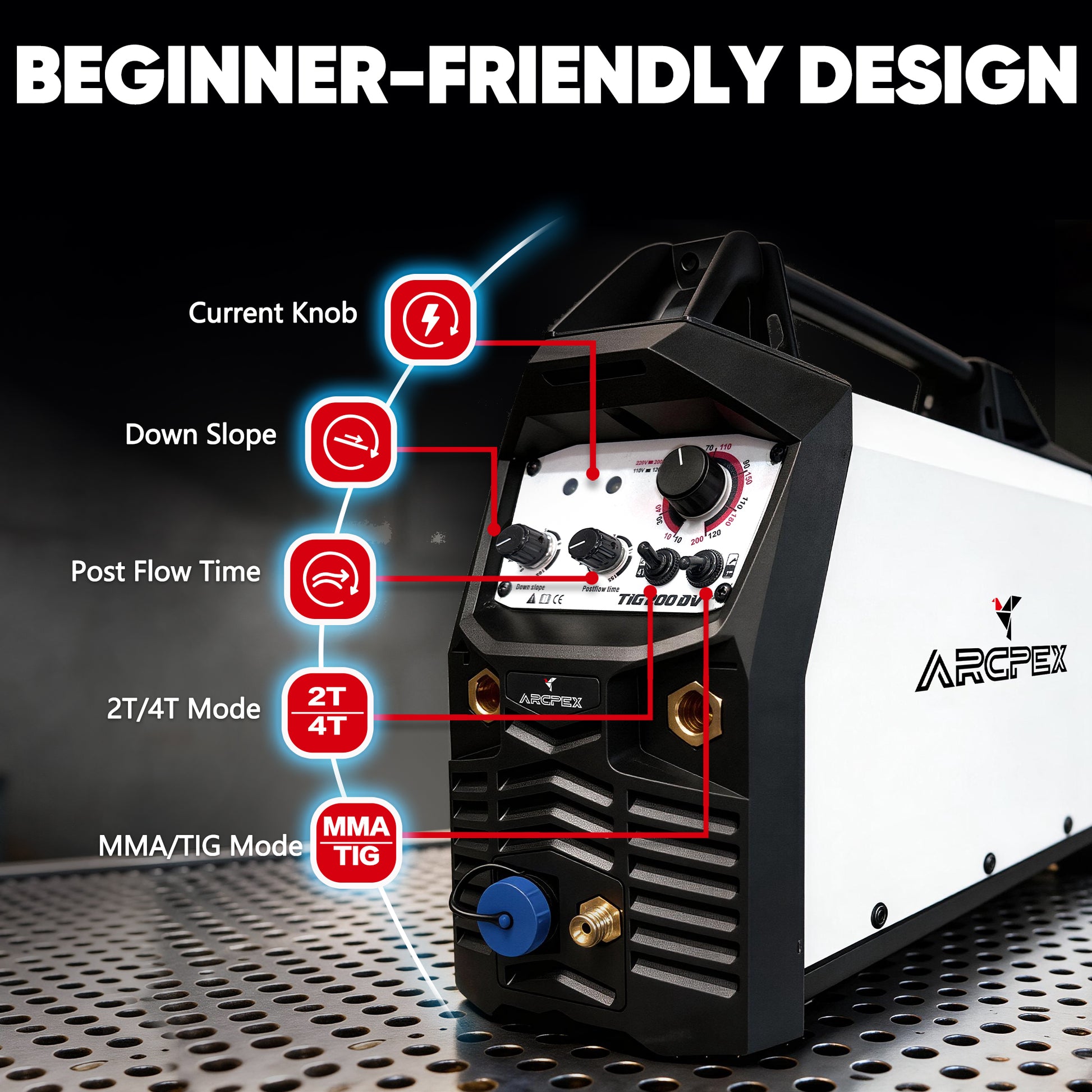 Welder machine with labeled controls on a dark background, featuring the brand 'Arcfex'.
