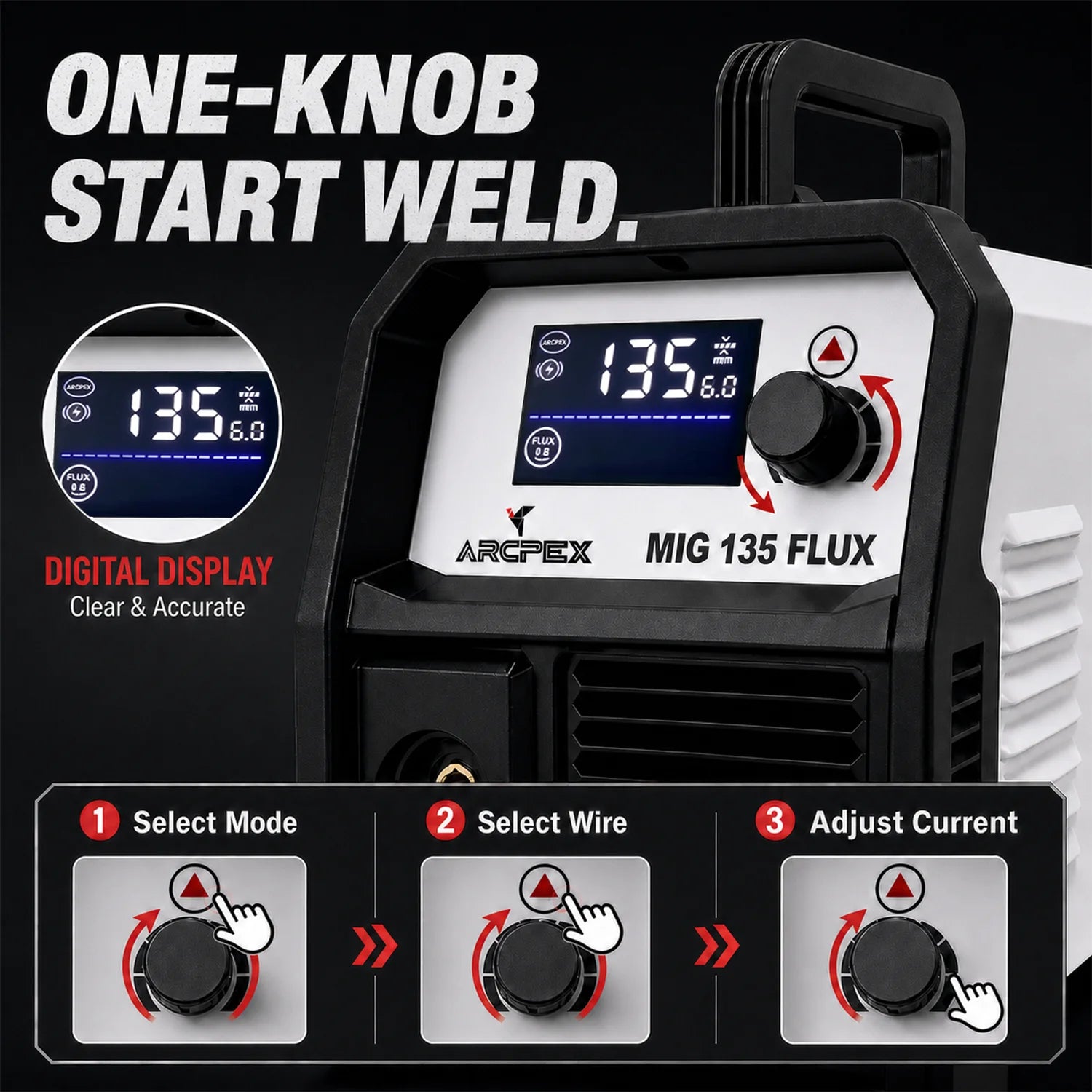 ARCPEX MIG135 FLUX 3-in-1 MIG Flux Core Welder, 110V Gasless MIG Welder, IGBT Inverter Welding Machine with MMA Lift TIG, 1kg Spool, No Gas Needed
