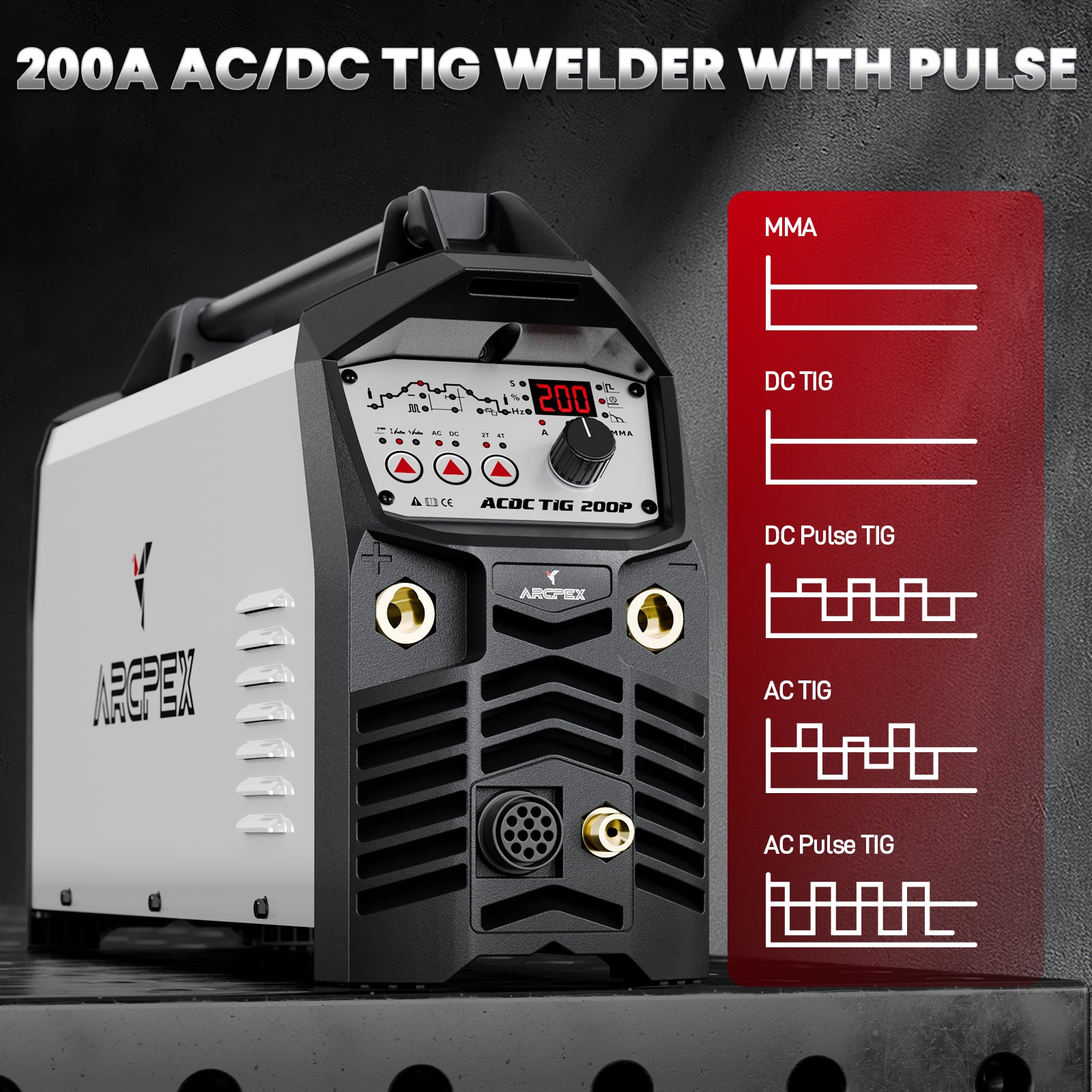 200A AC/DC TIG welder with pulse feature on a dark background