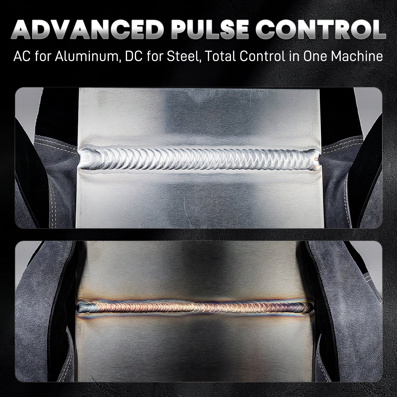 Welding machine with text 'Advanced Pulse Control' and examples of welding on metal.