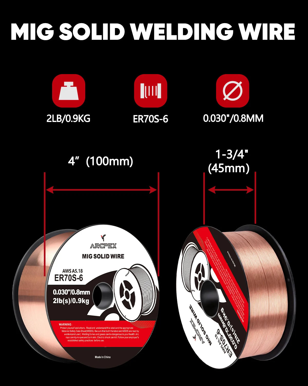 ARCPEX ER70S-6 MIG Welding Wire | 0.030" & 0.035" | Gasless Self-Shielded | Carbon Steel | 2LB Spool