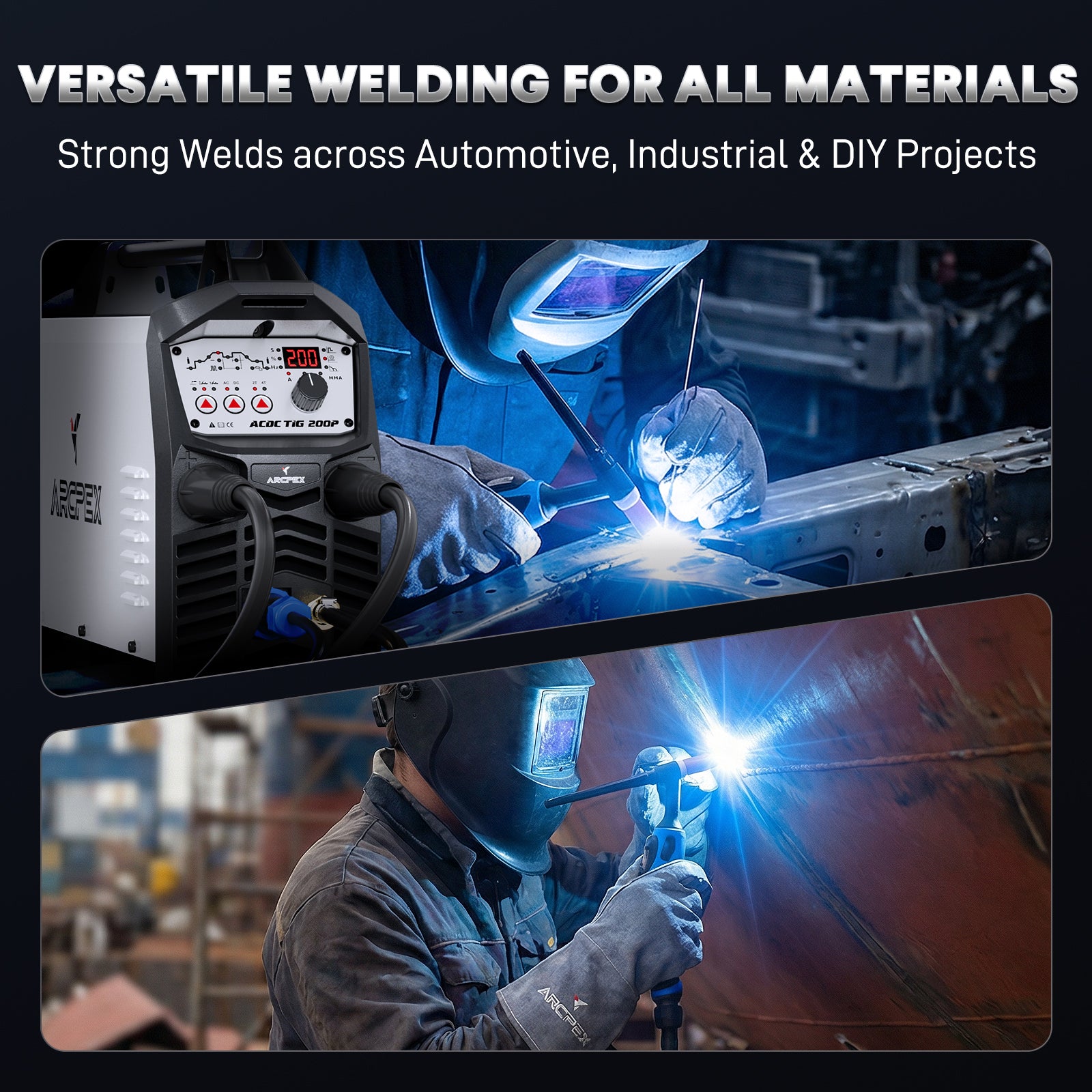 Welder using a welding machine with text highlighting versatility across various projects.