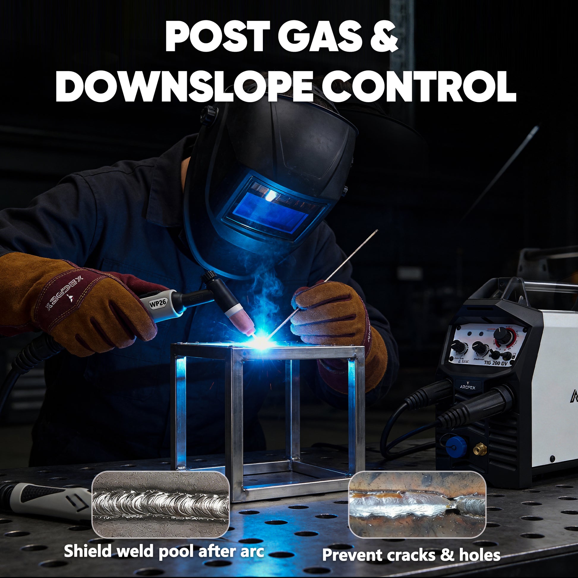 Person welding metal with protective gear, equipment, and text about post gas and downslope control.