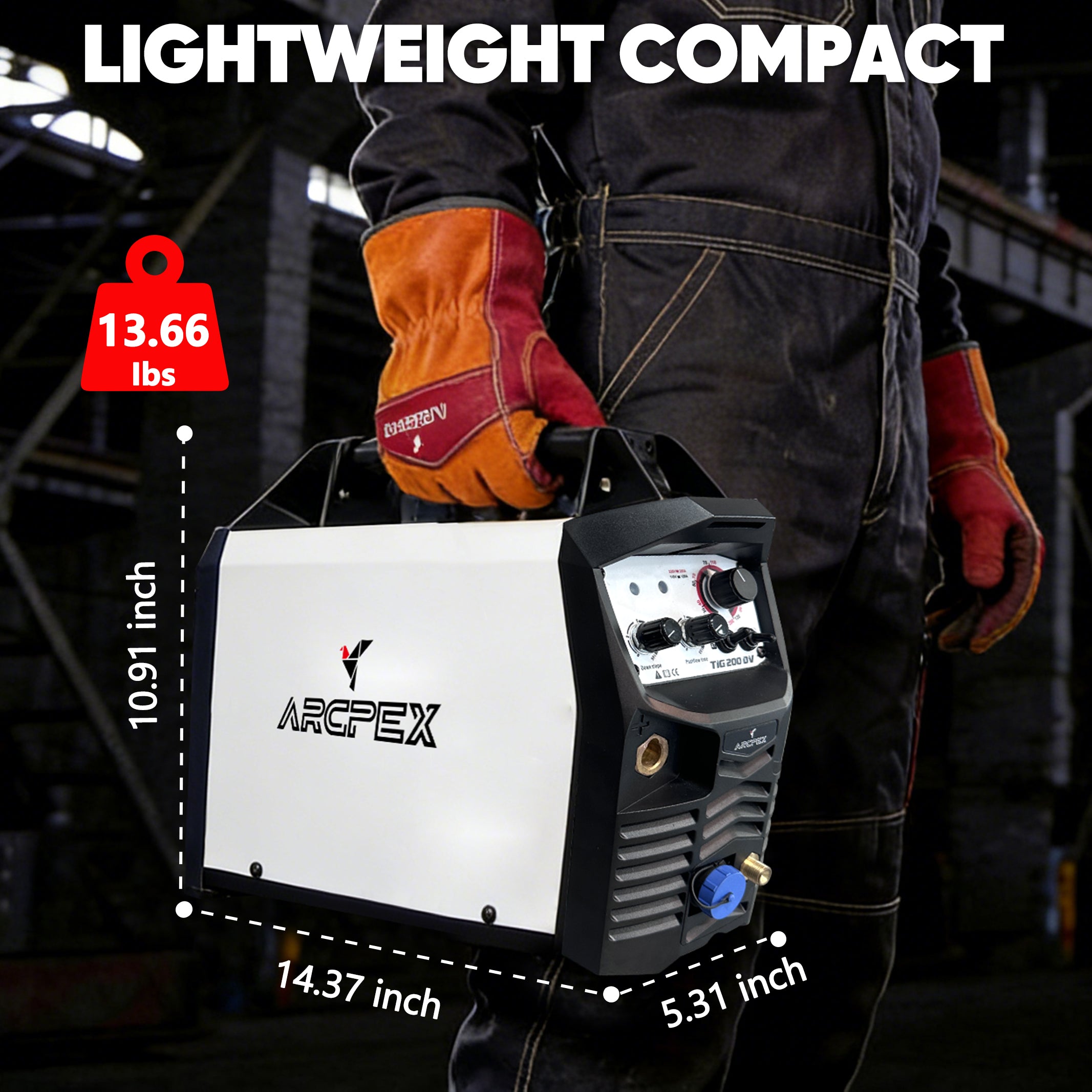 ArcPex welding machine held by a person wearing gloves, with dimensions and weight displayed.
