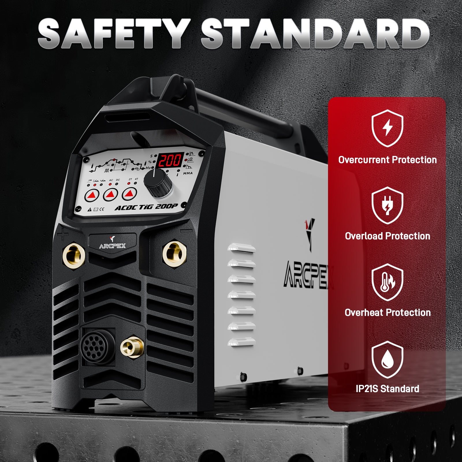 Welder machine with safety features highlighted on a dark background