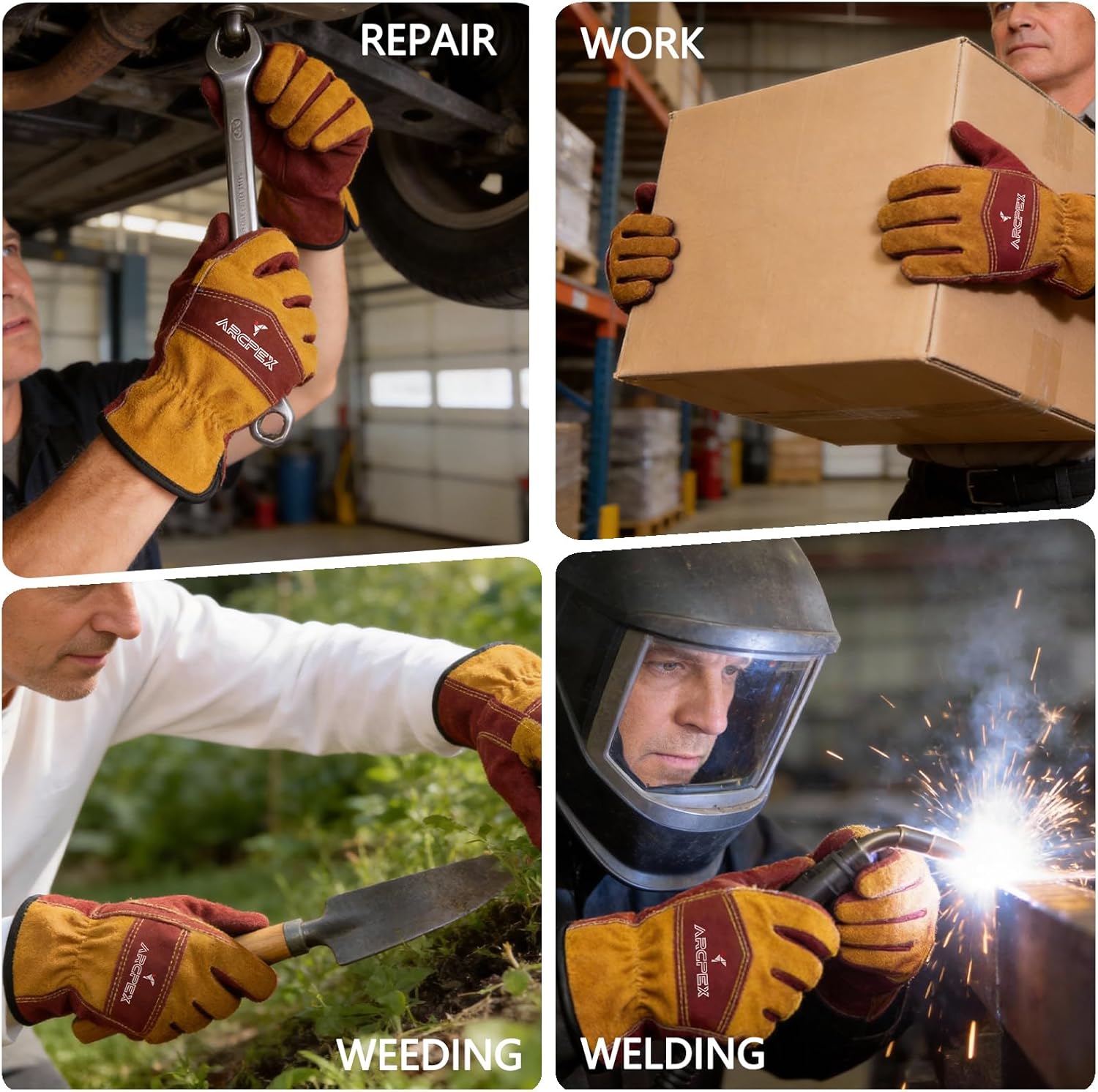 Four images showing different activities with gloves on, including repair, work, weeding, and welding.