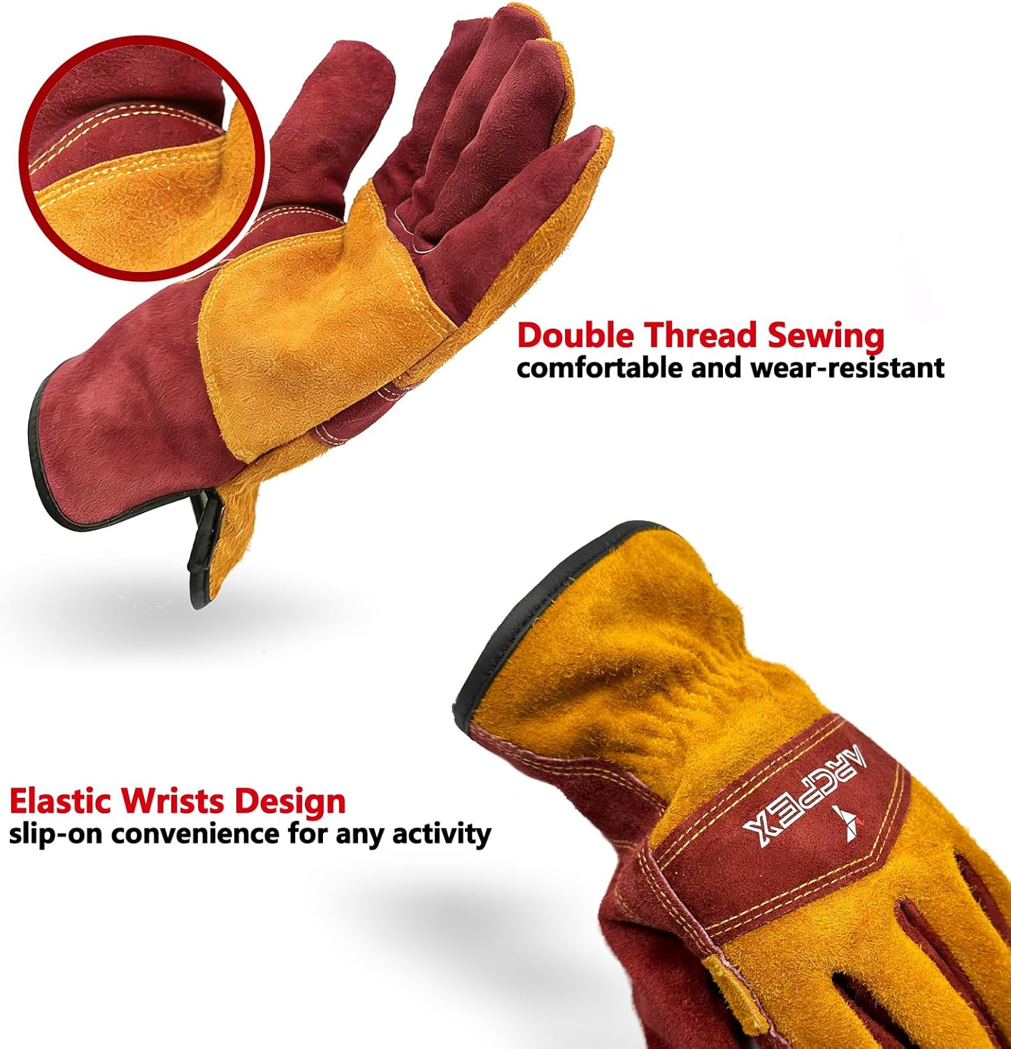 Red and yellow gloves with double thread sewing and elastic wrist design on a white background