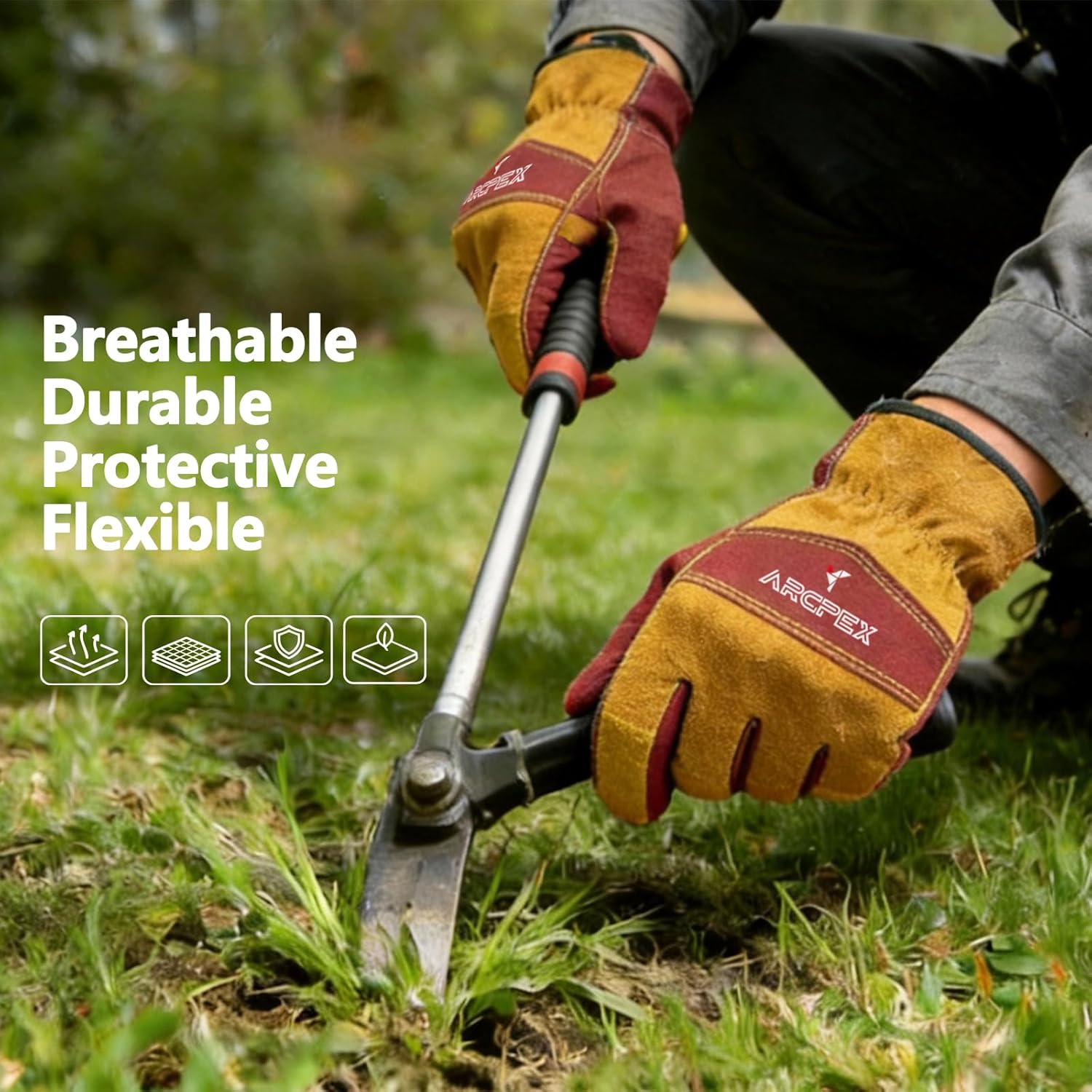 Person using garden shears with gloves on a grassy background, highlighting glove features.