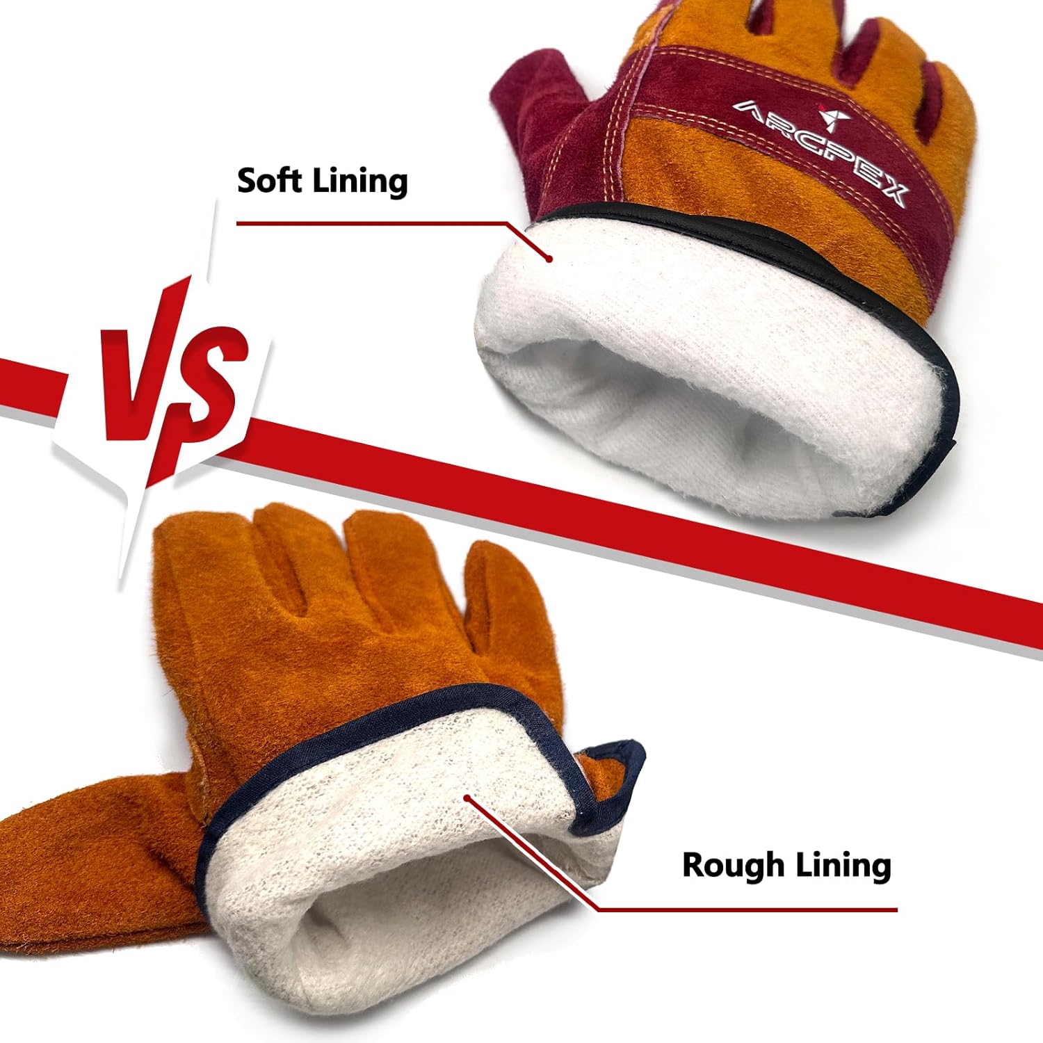 Two pairs of gloves with soft and rough lining labeled, featuring the brand 'Arcflex'.