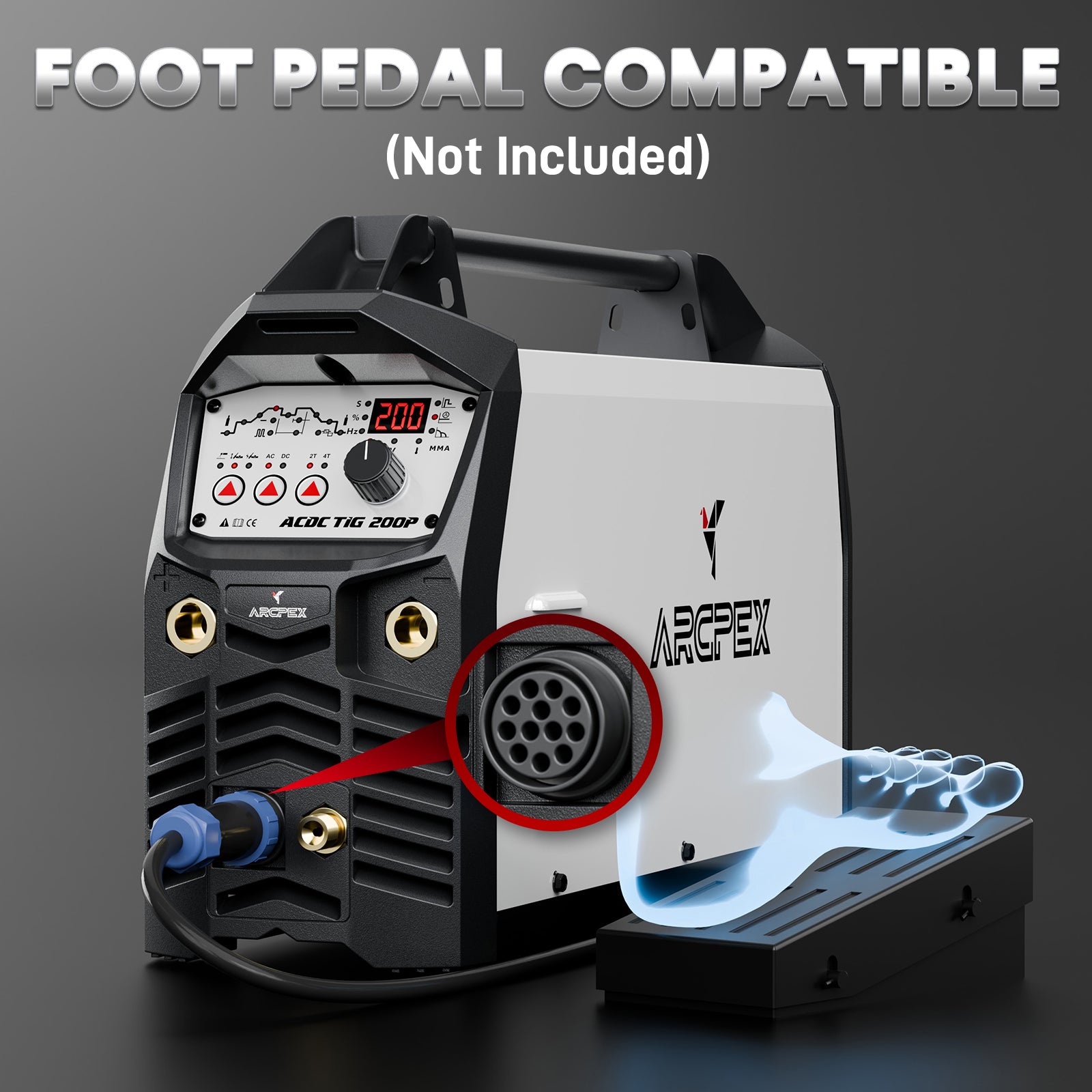 Arcpeix welding machine with foot pedal compatibility text on a dark background
