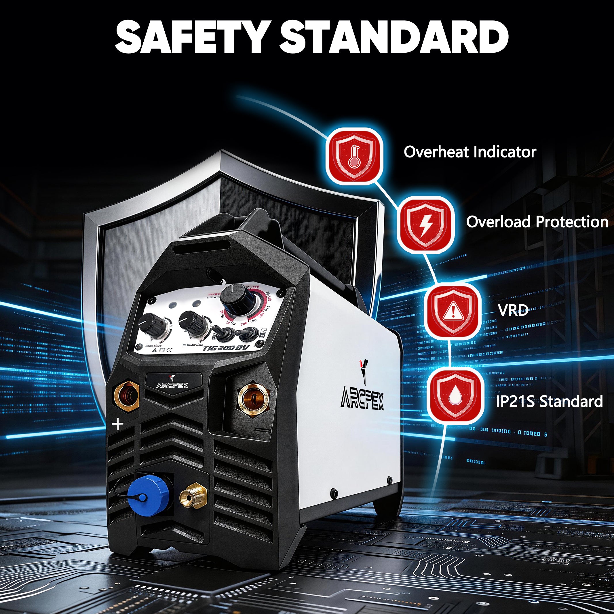 Arcfox welding machine with safety features highlighted on a dark background