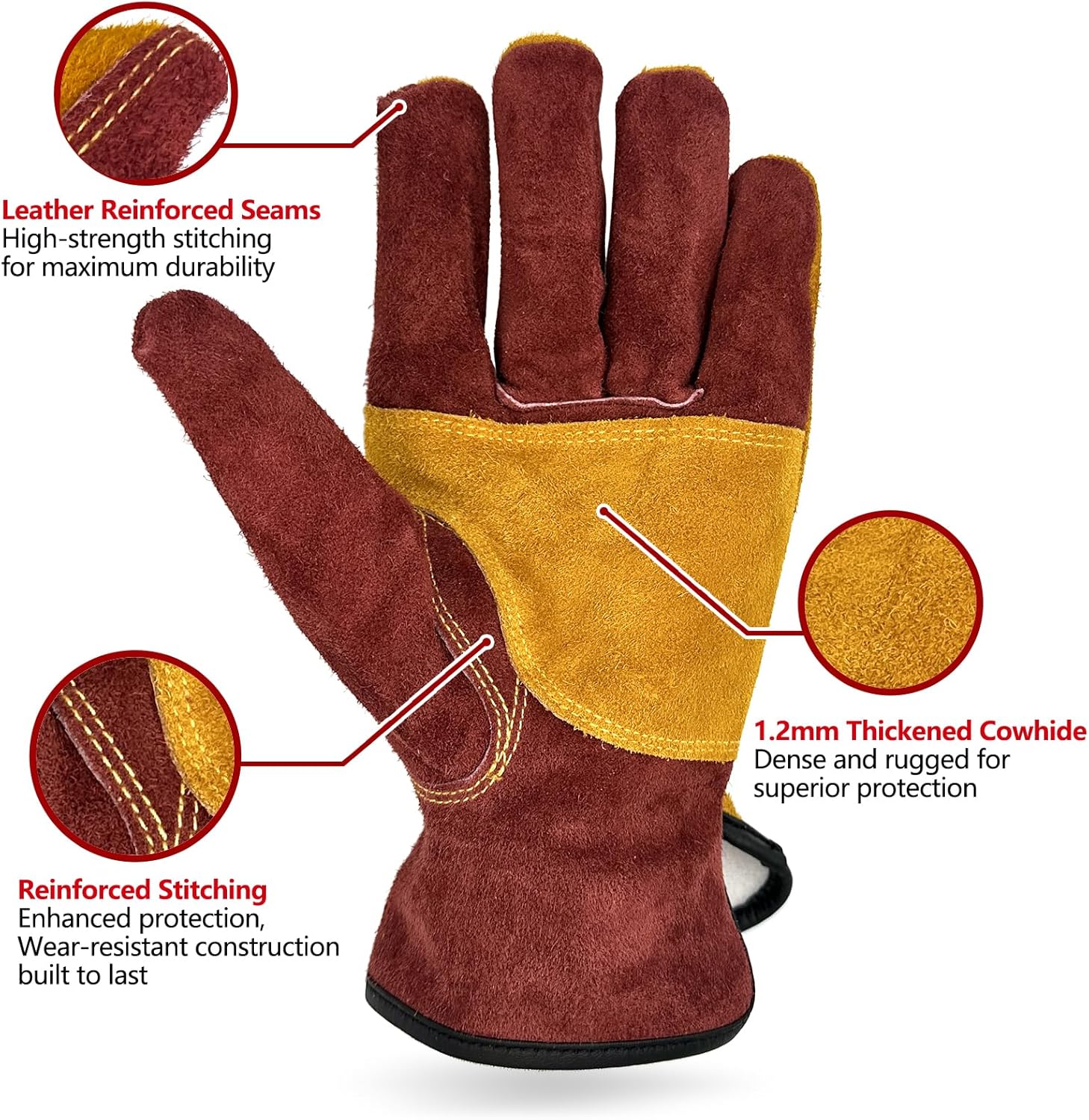 Brown leather glove with yellow lining, showing reinforced seams and thick cowhide, on a white background.