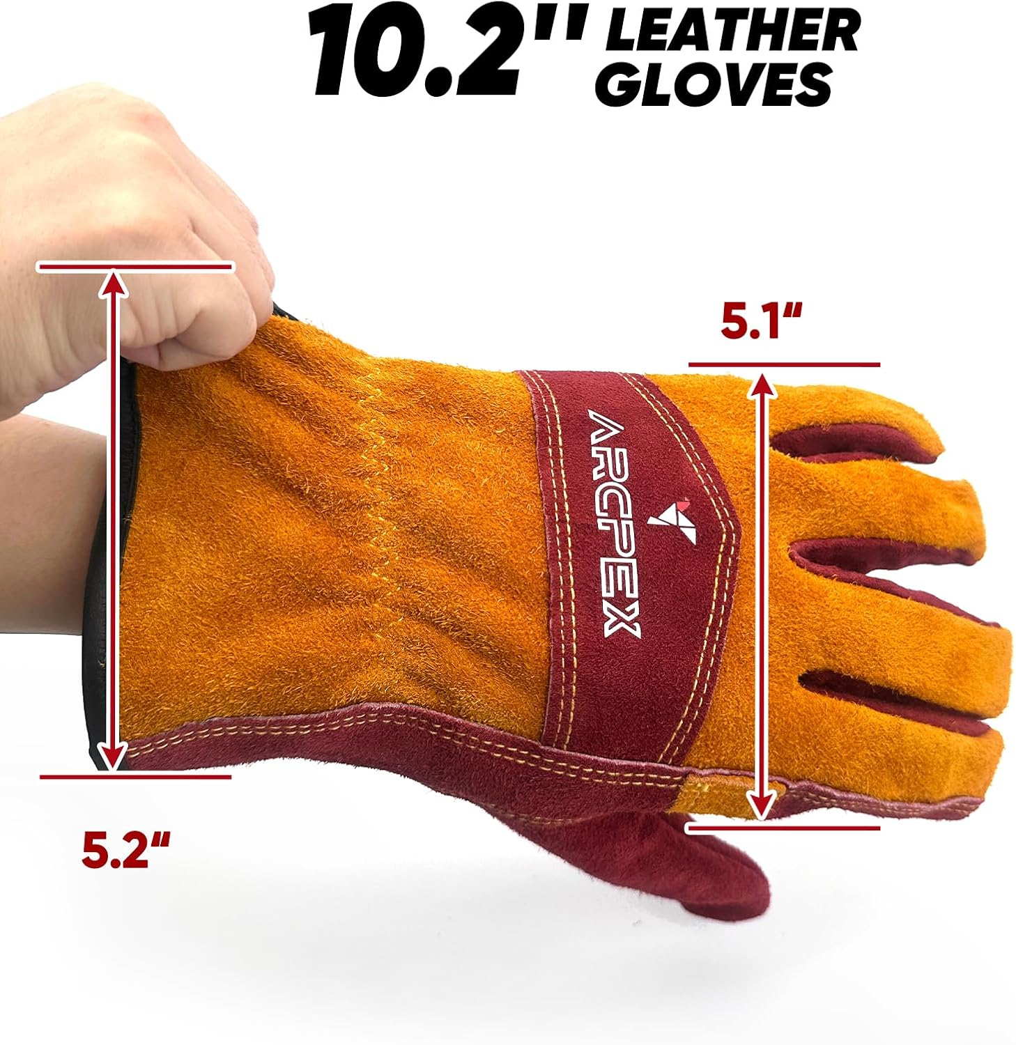 Leather glove with measurements and Arcepex branding on a white background