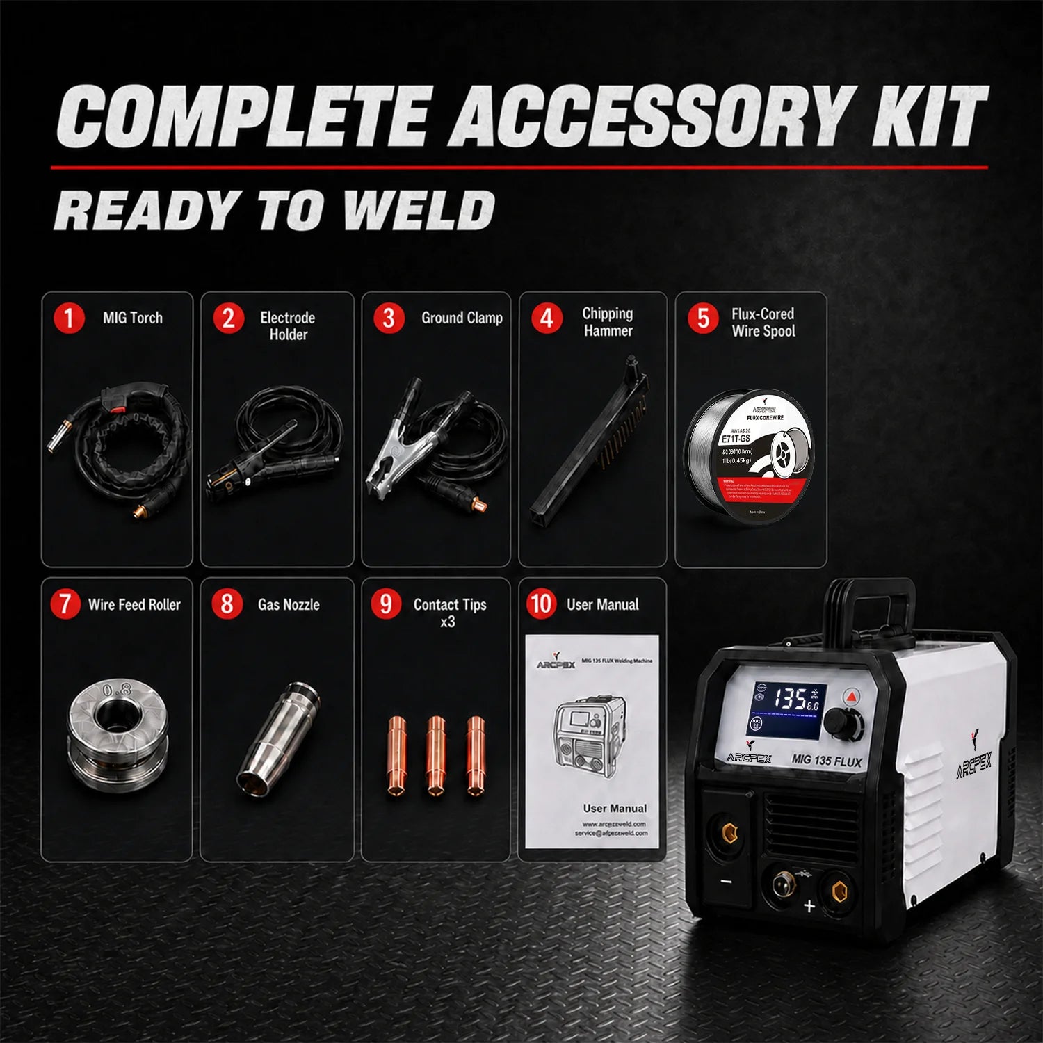ARCPEX MIG135 FLUX 3-in-1 MIG Flux Core Welder, 110V Gasless MIG Welder, IGBT Inverter Welding Machine with MMA Lift TIG, 1kg Spool, No Gas Needed