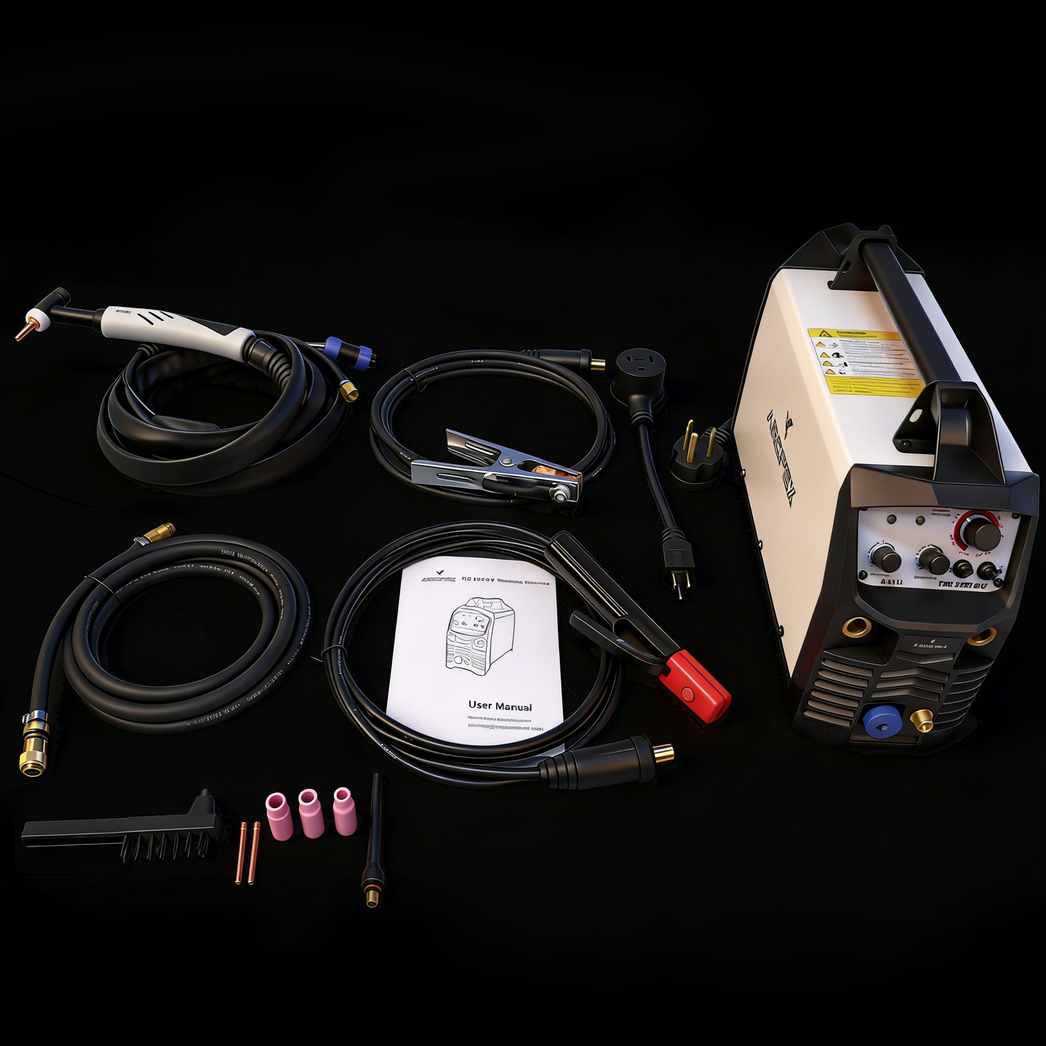 Welding machine with various cables and accessories on a black background