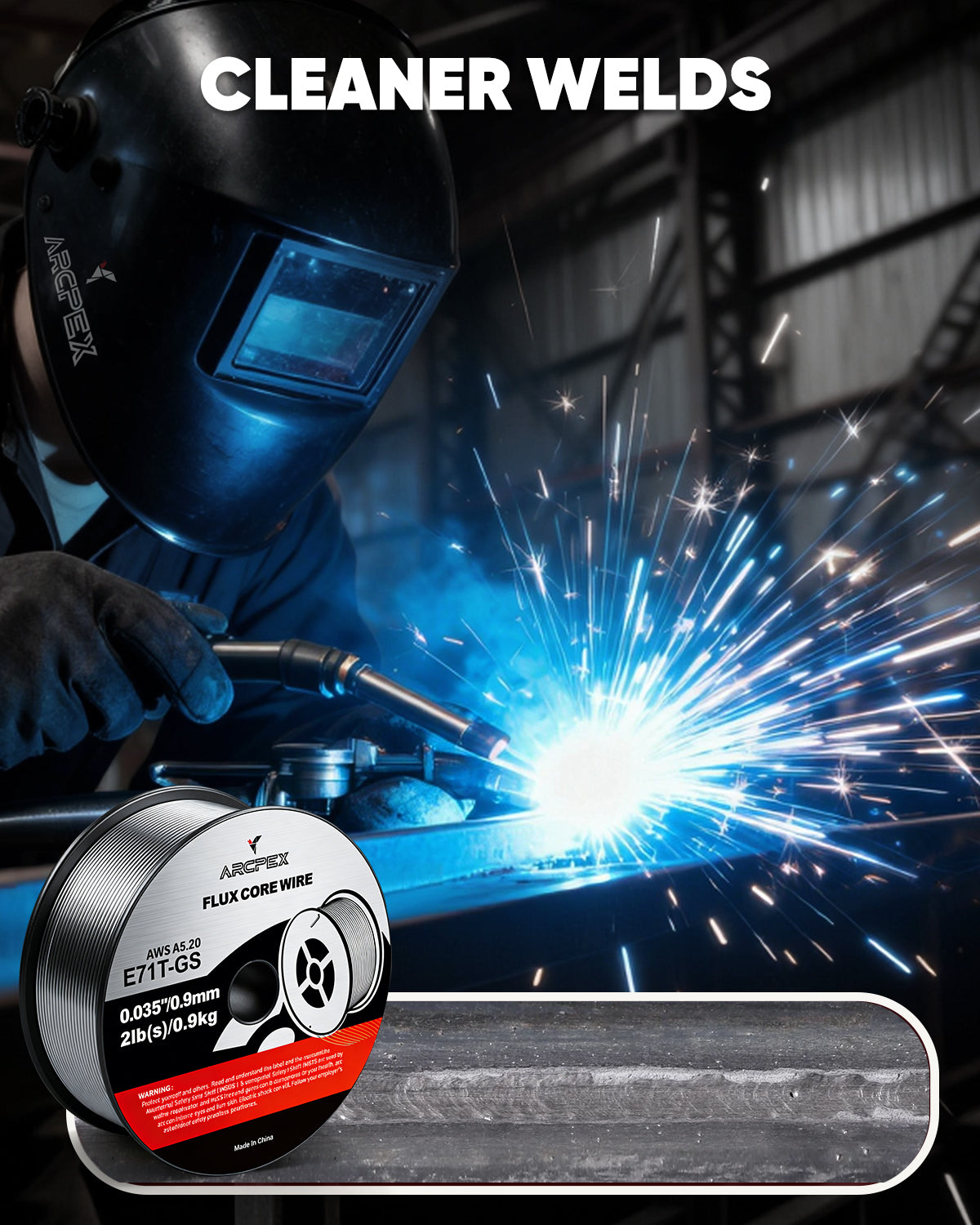 Person welding with a welding helmet and Arcfox wire spool in the foreground.