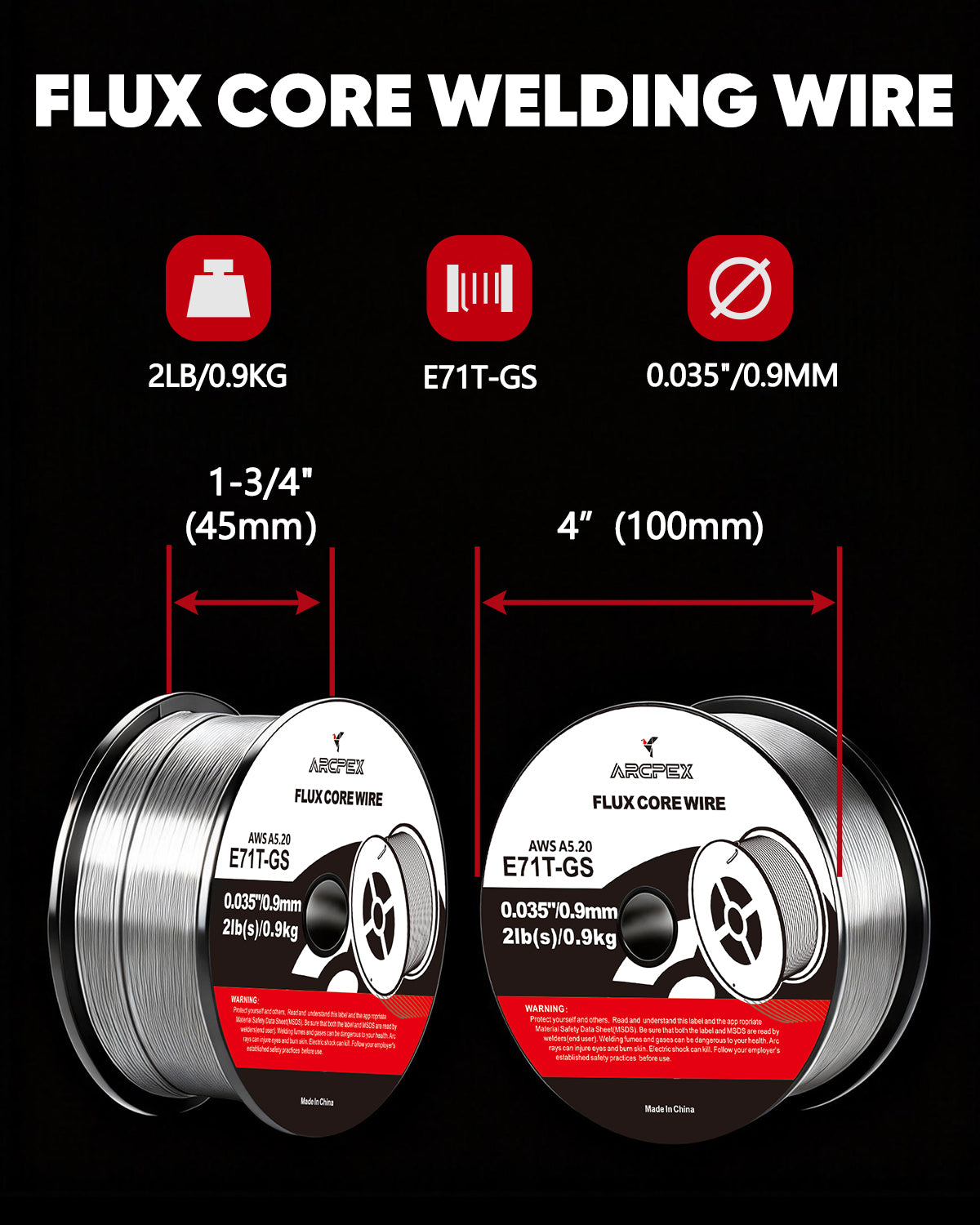 Two spools of flux core welding wire with specifications on a black background