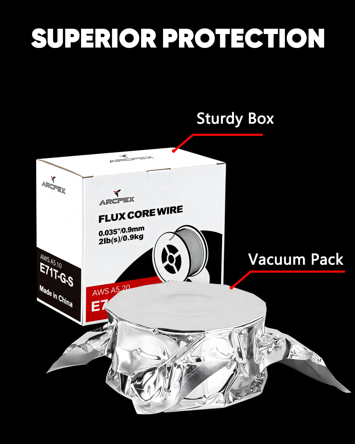 Arcfox flux core wire packaging with 'Superior Protection' text and product details.