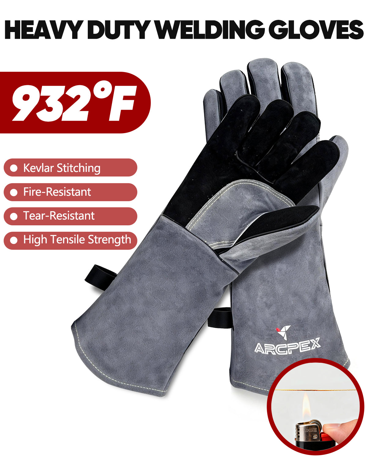 Heavy-duty welding gloves with temperature rating and features on a white background
