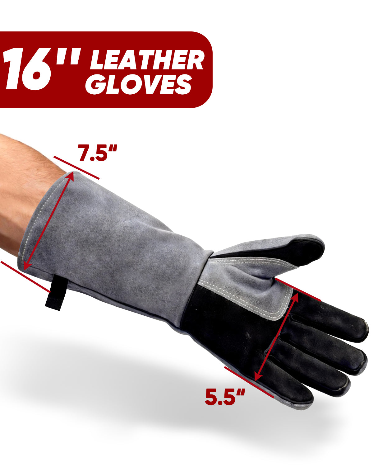 16-inch leather gloves with measurements on a white background