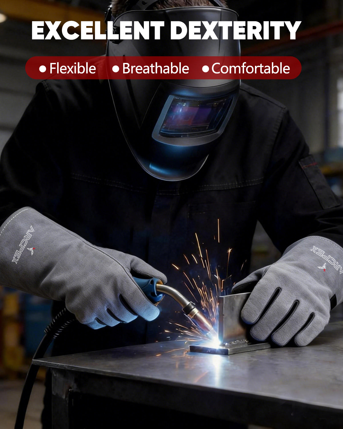 Person welding with protective gear and gloves, with text highlighting dexterity features.