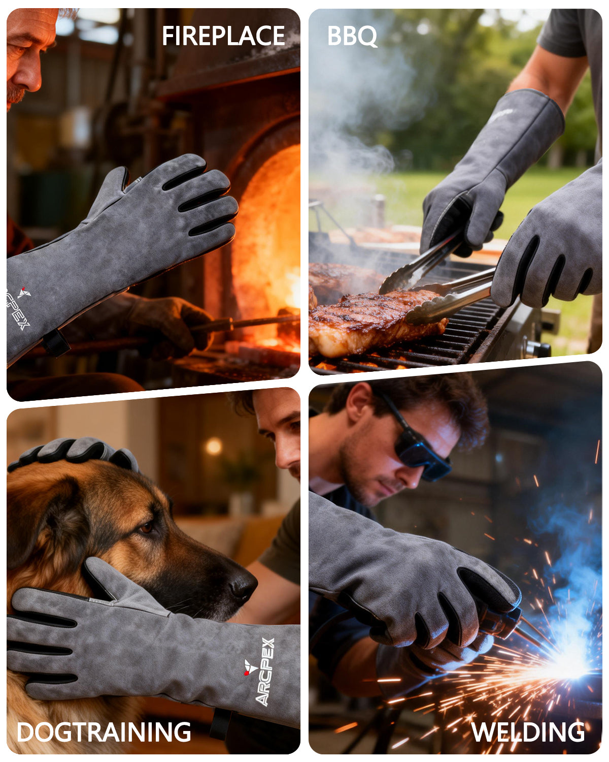 Collage of a person wearing gray gloves in various activities including fireplace, BBQ, dog training, and welding.