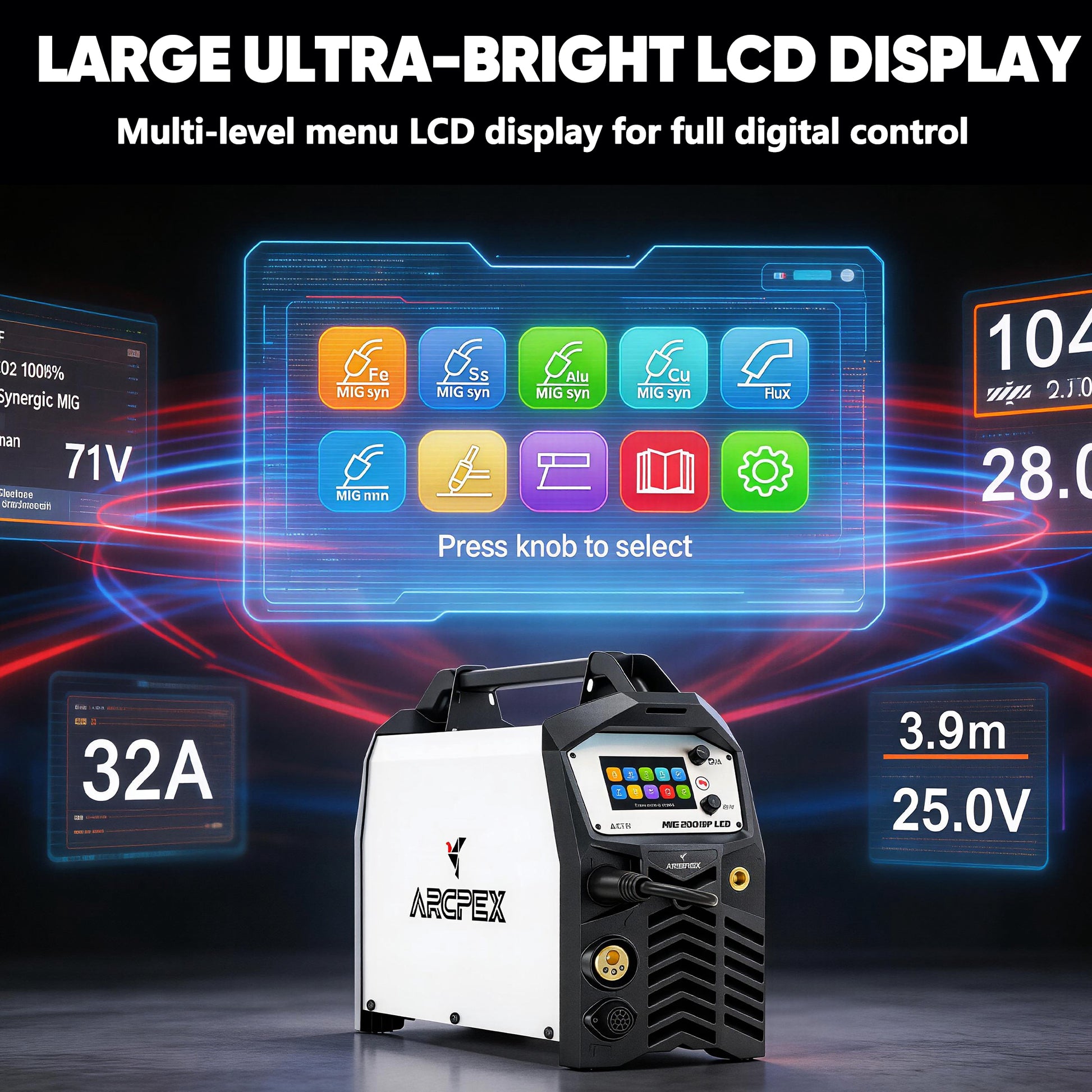 Arcfox welding machine with large ultra-bright LCD display on a dark background