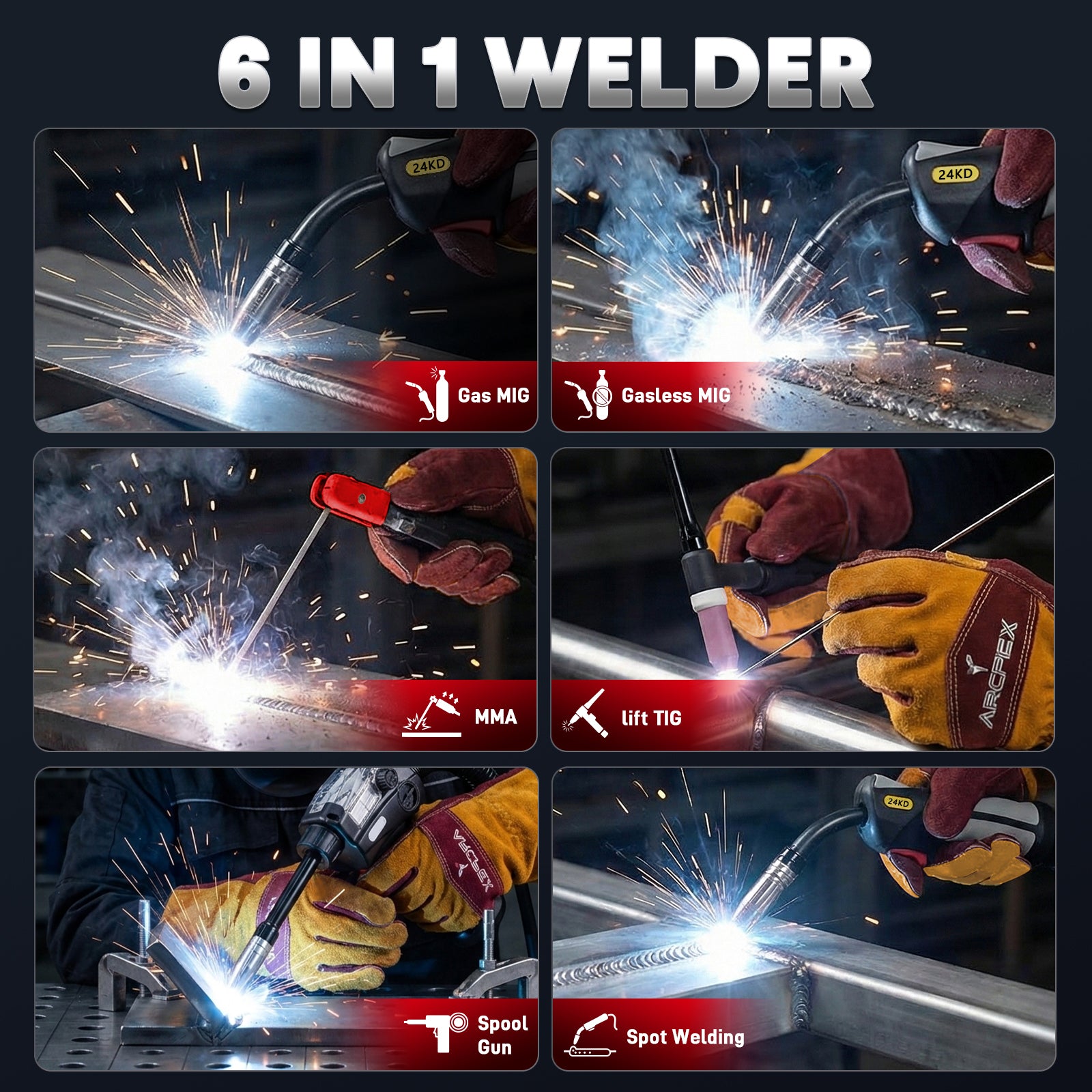 ARCPEX 6-in-1 welder in action with various welding techniques.