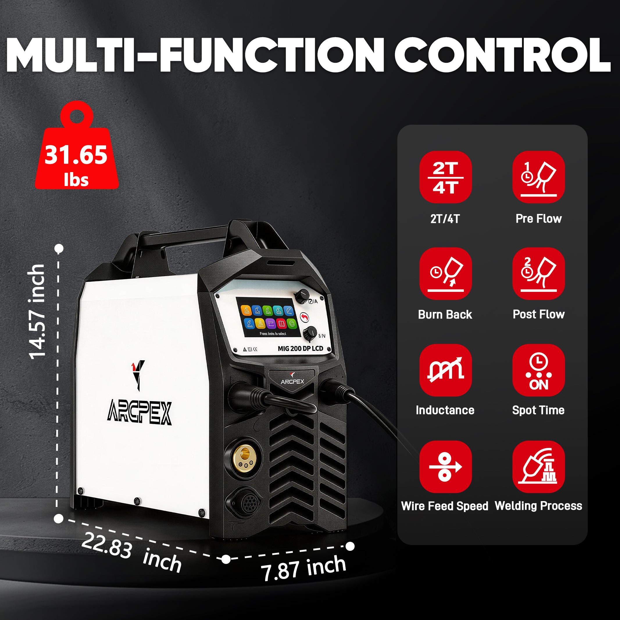 Welding machine with multifunction control panel and specifications on a dark background
