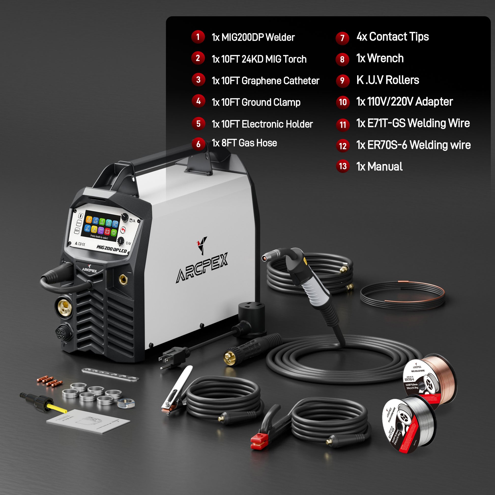 Arcfox welding machine with accessories on a dark background