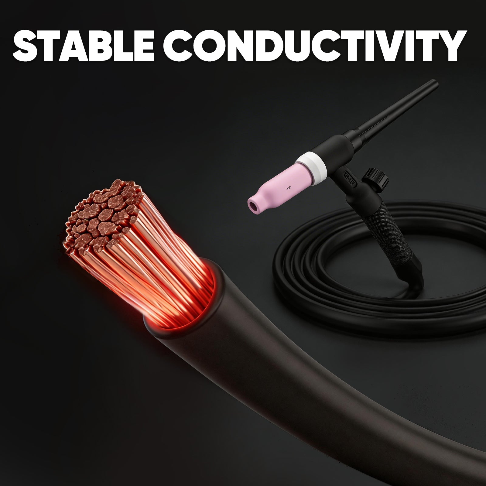 Electrical cable with copper conductor and black insulation on a dark background, emphasizing stable conductivity.