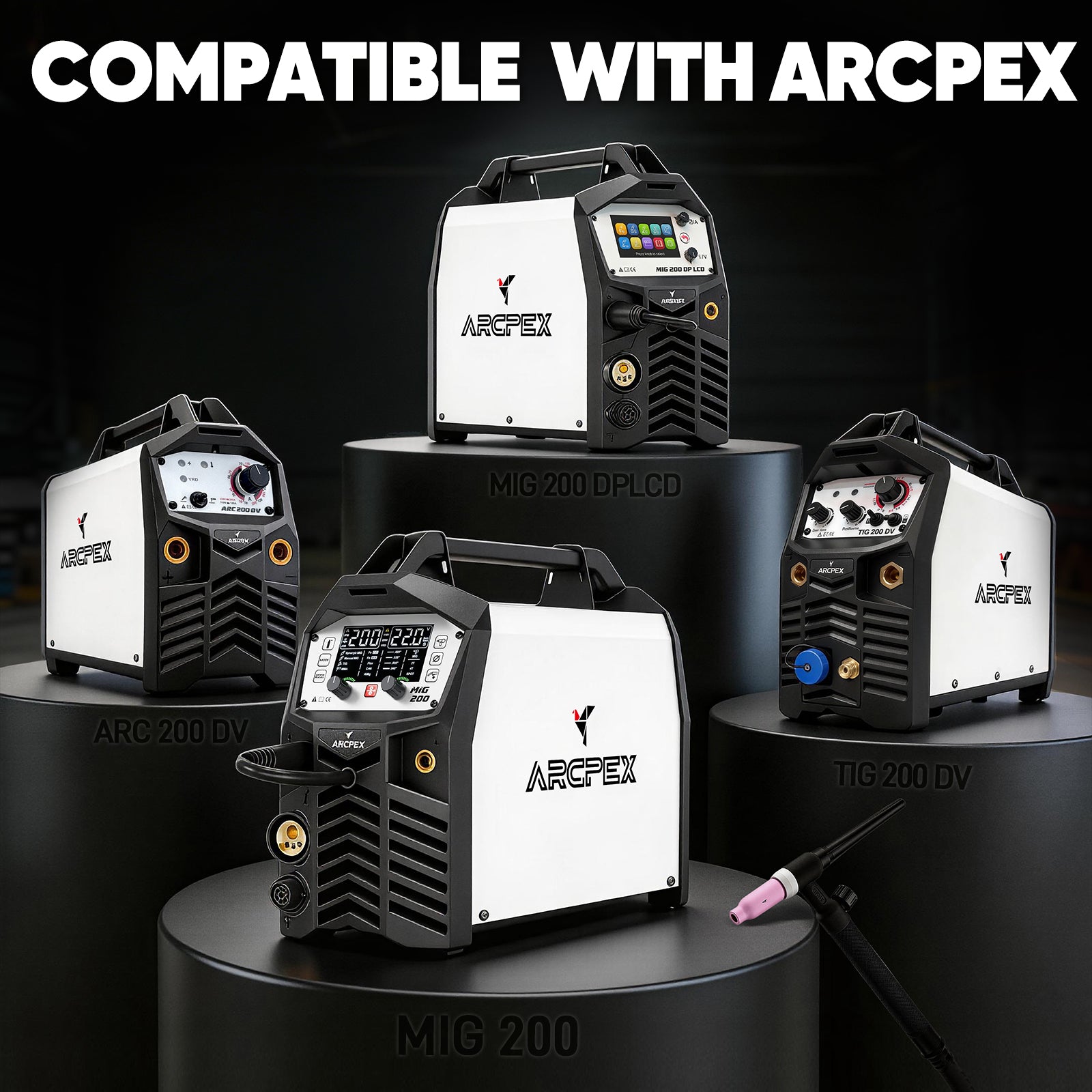 Collection of ArcPex welding machines on black stands with 'Compatible with ArcPex' text at the top.