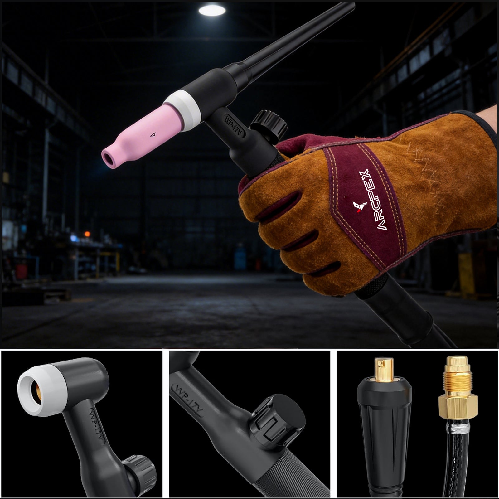 Welding torch held by a glove with a workshop background, featuring close-up details of the torch.