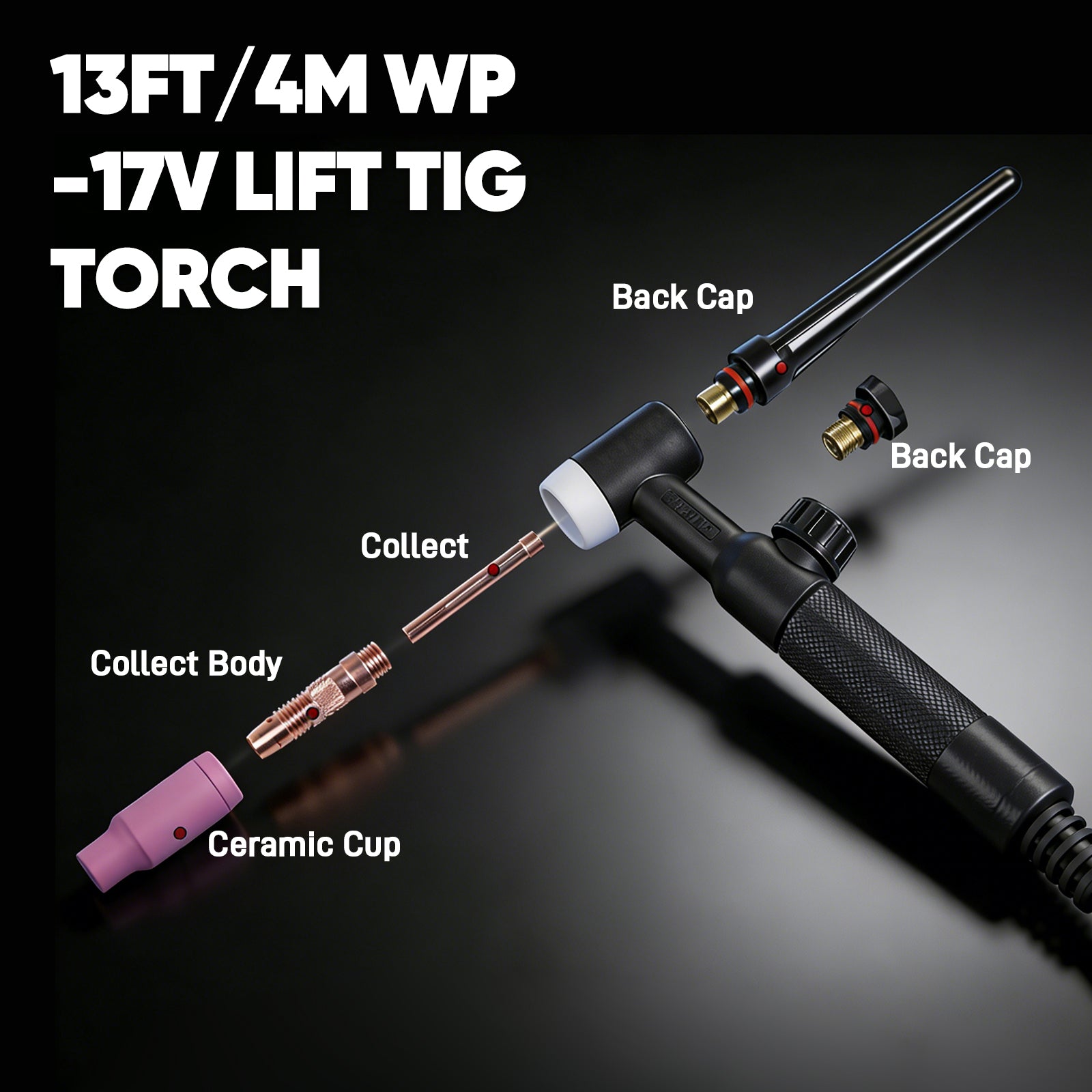 13FT/4M WP -17V Lift TIG Torch with labeled parts on a dark background
