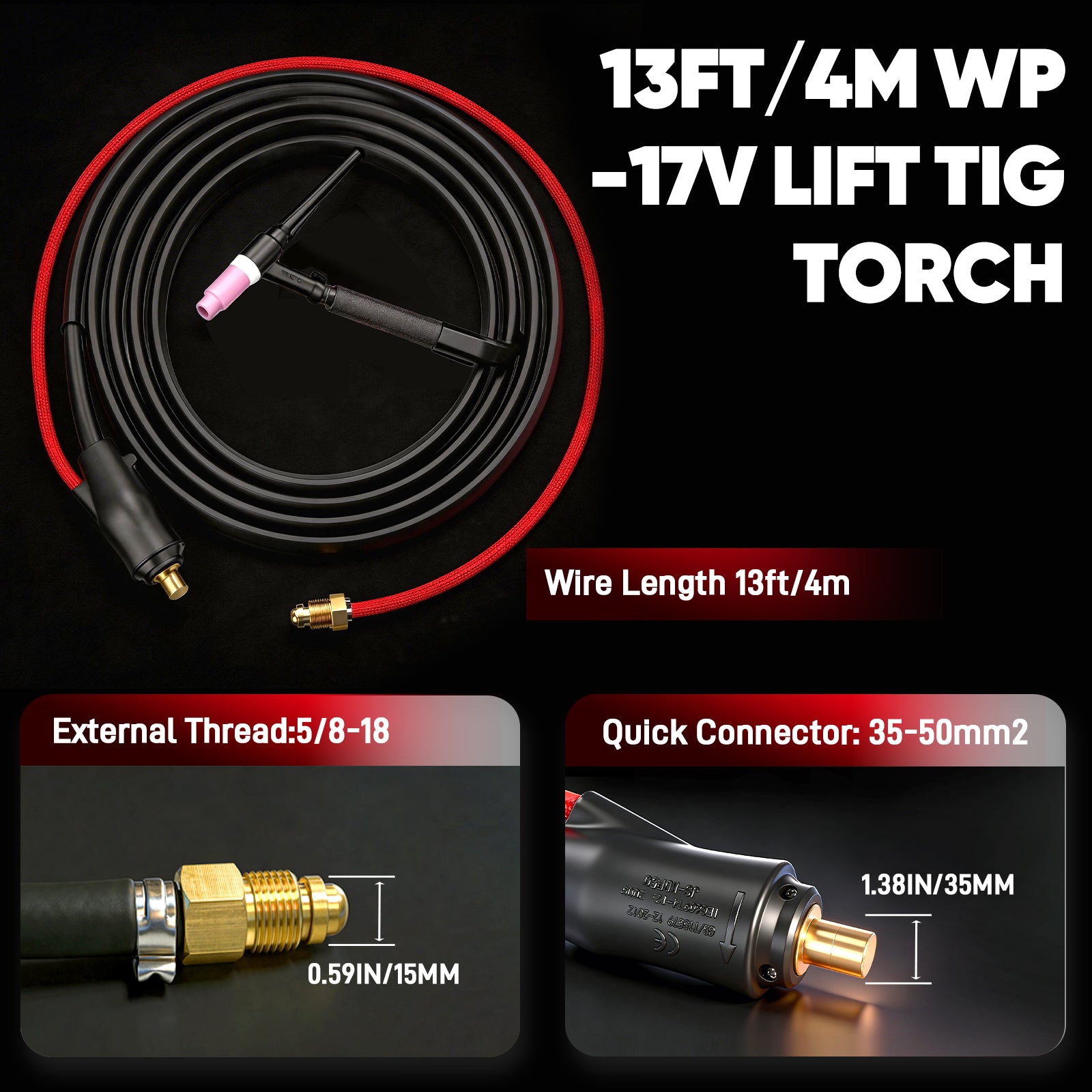 13ft/4m WP -17V Lift TIG Torch with specifications on a black background