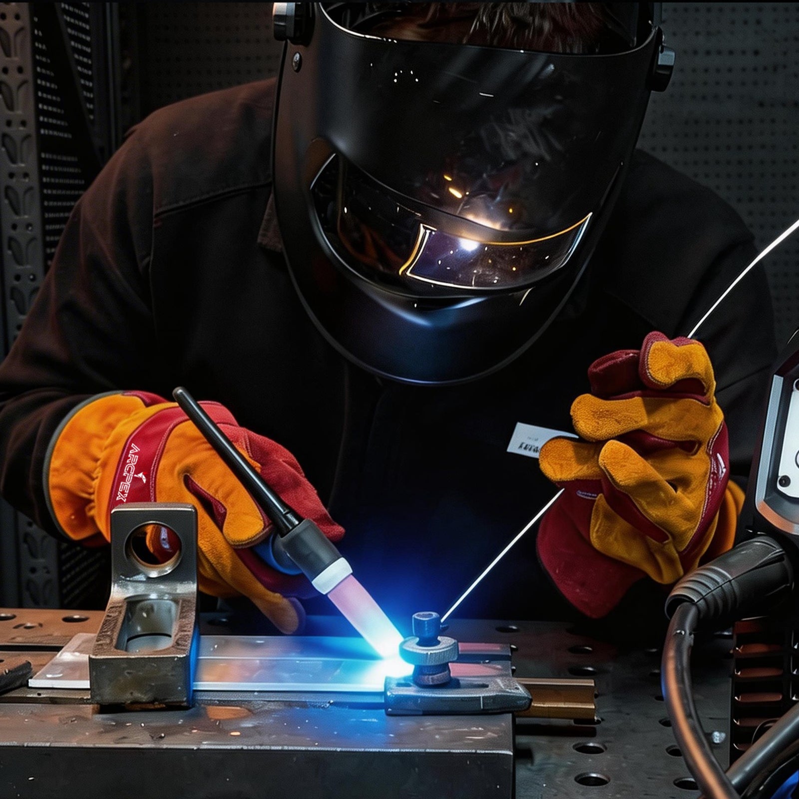 Person welding metal with protective gear in a workshop setting